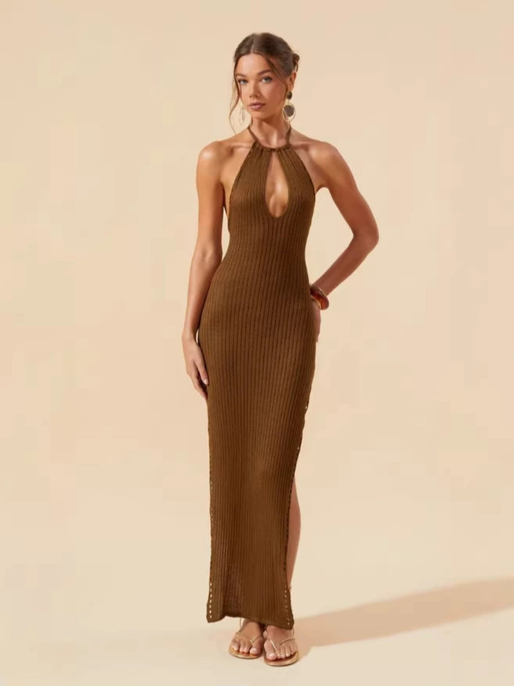 ZARA Summer Knit Halter Sleeveless Solid Color Bodycon Sexy Backless Maxi Dress